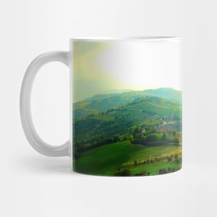 View from Monte San Martino at light, sun, clouds, Sibillini, hills, trees and roads Mug